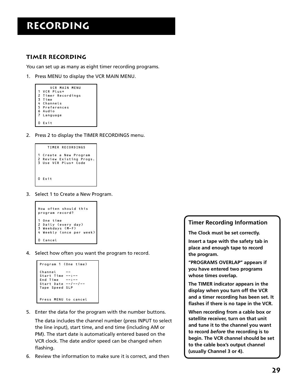 Timer recording, Recording, Timer recording information | RCA VR646HF User Manual | Page 31 / 76