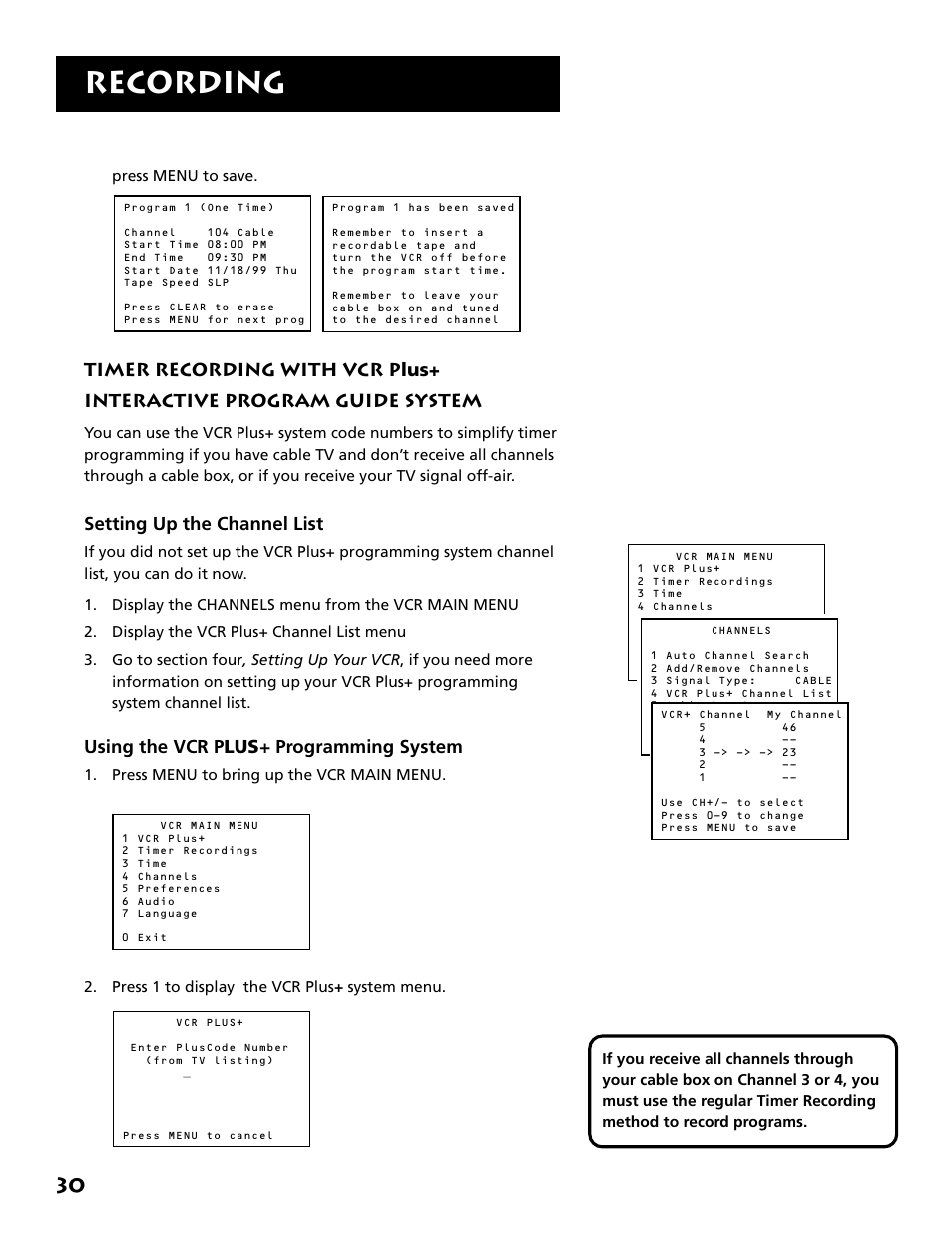 Setting up the channel list, Using the vcr plus+ system, Timer recording with vcr plus | Interactive program guide system, Recording, Using the vcr plus + programming system | RCA VR646HF User Manual | Page 32 / 76