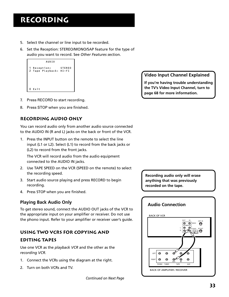 Recording audio only, Playing back audio only, Using two vcrs for copying and | Editing tapes, Recording, Audio connection, Using two vcrs for copying and editing tapes, Video input channel explained | RCA VR646HF User Manual | Page 35 / 76