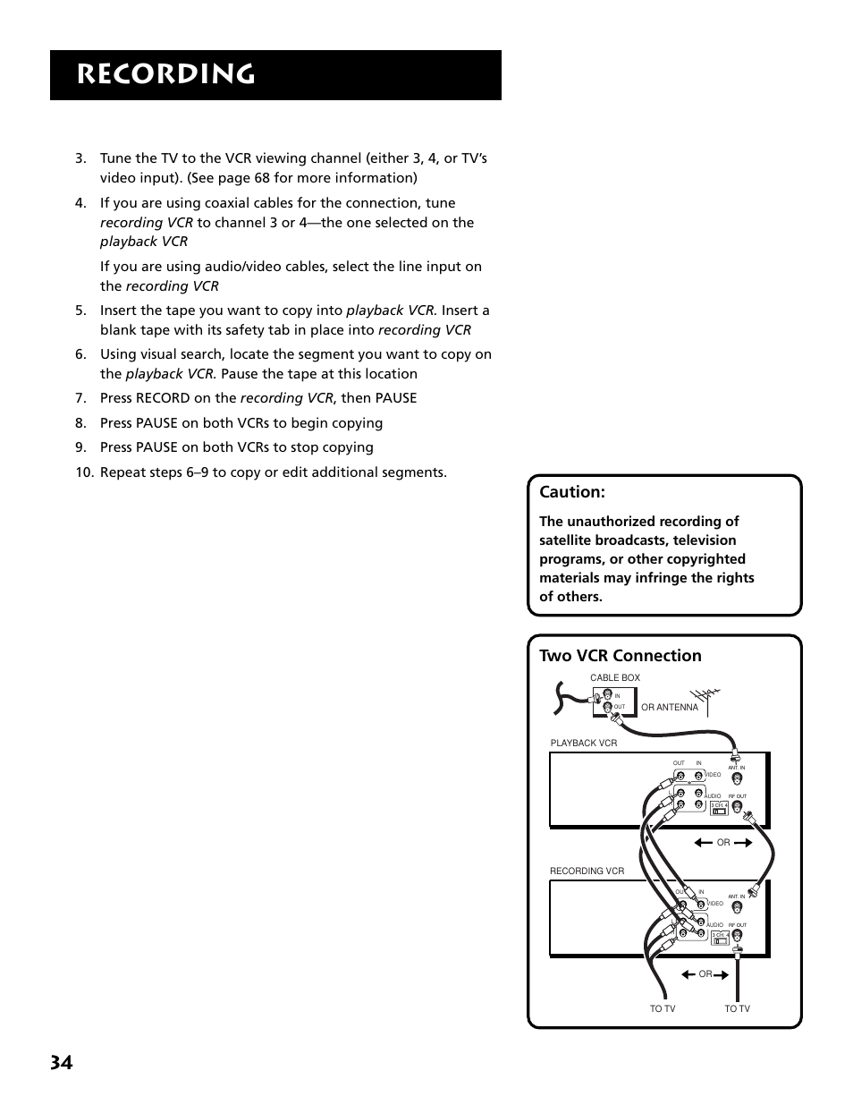 Playing back audio only, Using two vcrs for copying and editing tapes, Recording | Caution, Two vcr connection | RCA VR646HF User Manual | Page 36 / 76