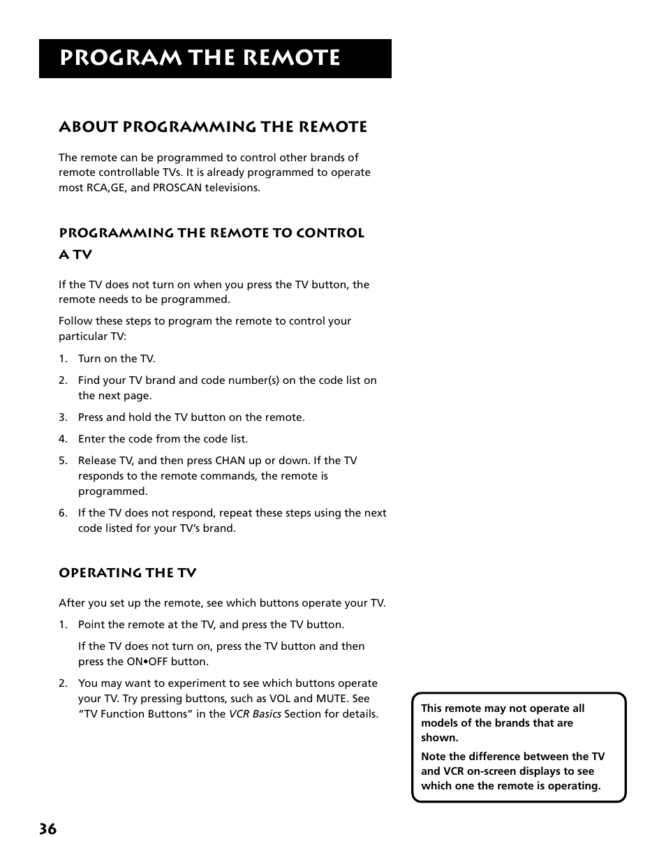 Programming the remote to control a tv, Operating the tv, Program the remote | About programming the remote | RCA VR646HF User Manual | Page 38 / 76