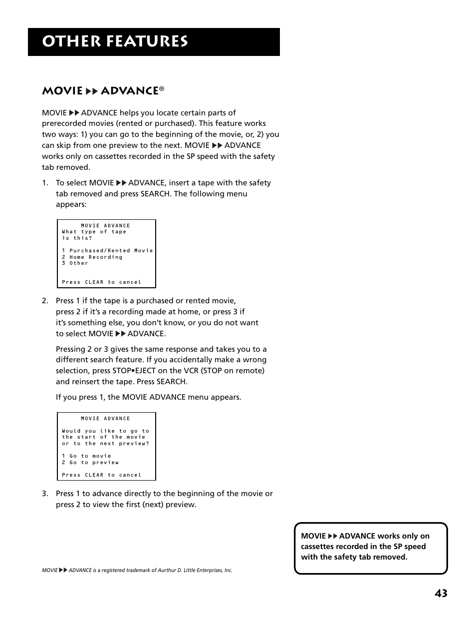 Movie advance, Other features | RCA VR646HF User Manual | Page 45 / 76