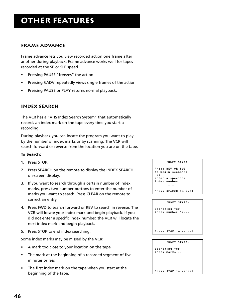 Frame advance, Index search, Frame advance index search | Other features | RCA VR646HF User Manual | Page 48 / 76