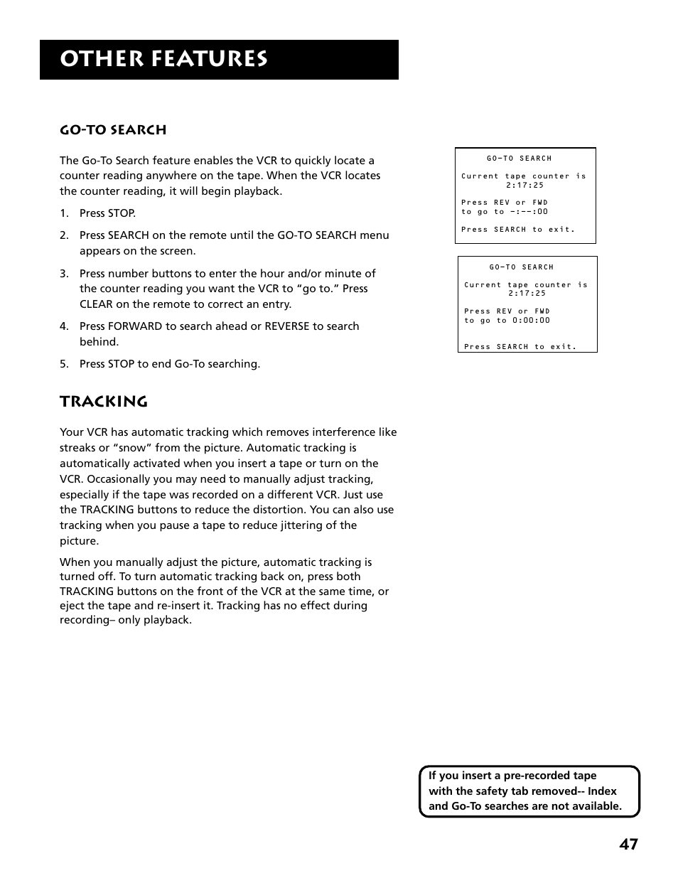 Go-to search, Tracking, Other features | RCA VR646HF User Manual | Page 49 / 76