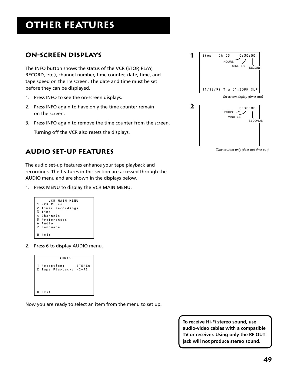 On-screen displays, Audio set-up features, On-screen displays audio set-up features | Other features | RCA VR646HF User Manual | Page 51 / 76