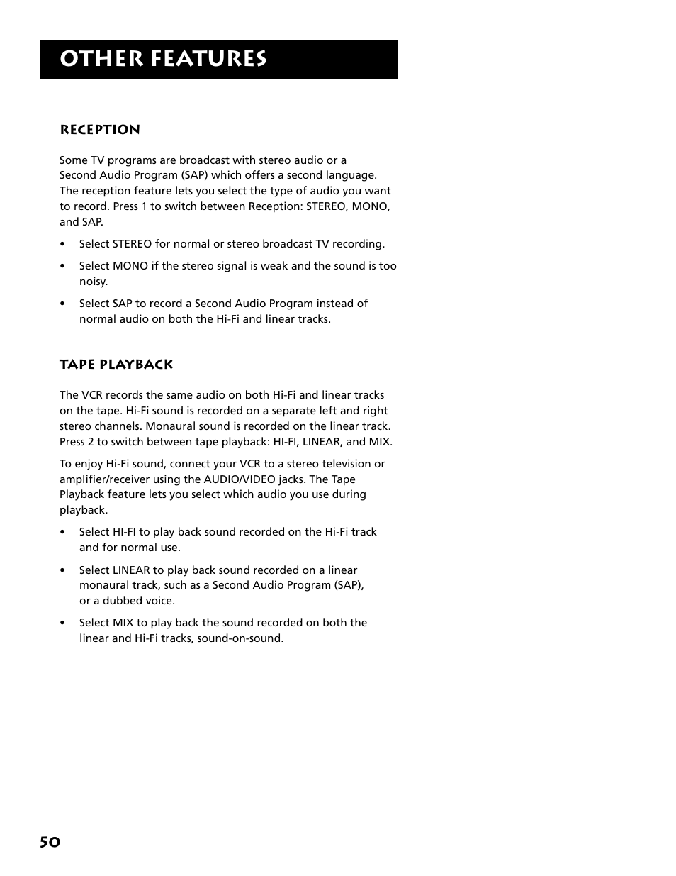 Reception, Tape playback, Reception tape playback | Other features | RCA VR646HF User Manual | Page 52 / 76