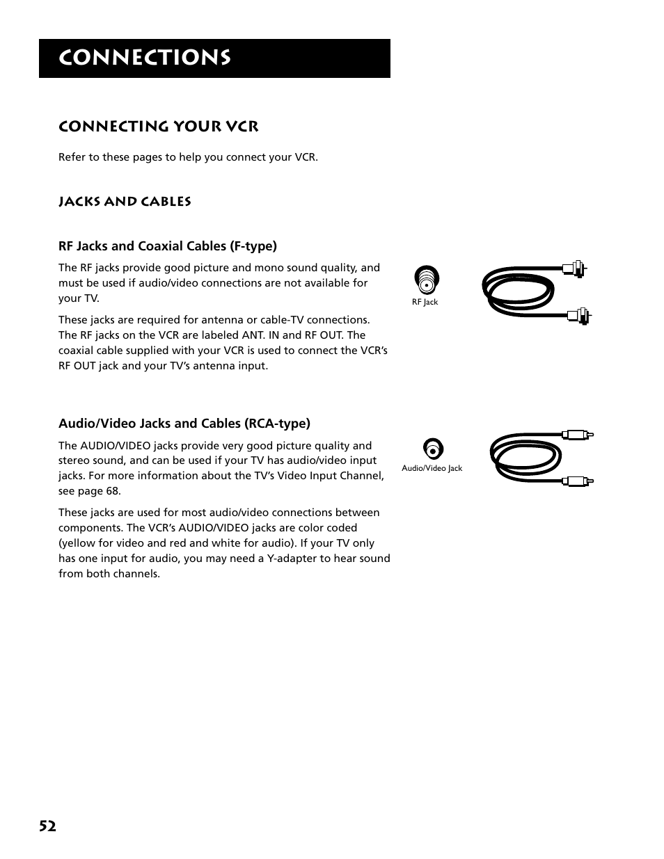 Connecting your vcr, Jacks and cables, Rf jacks and coaxial cables | Audio/video (a/v ) jacks and cables, Connections | RCA VR646HF User Manual | Page 54 / 76