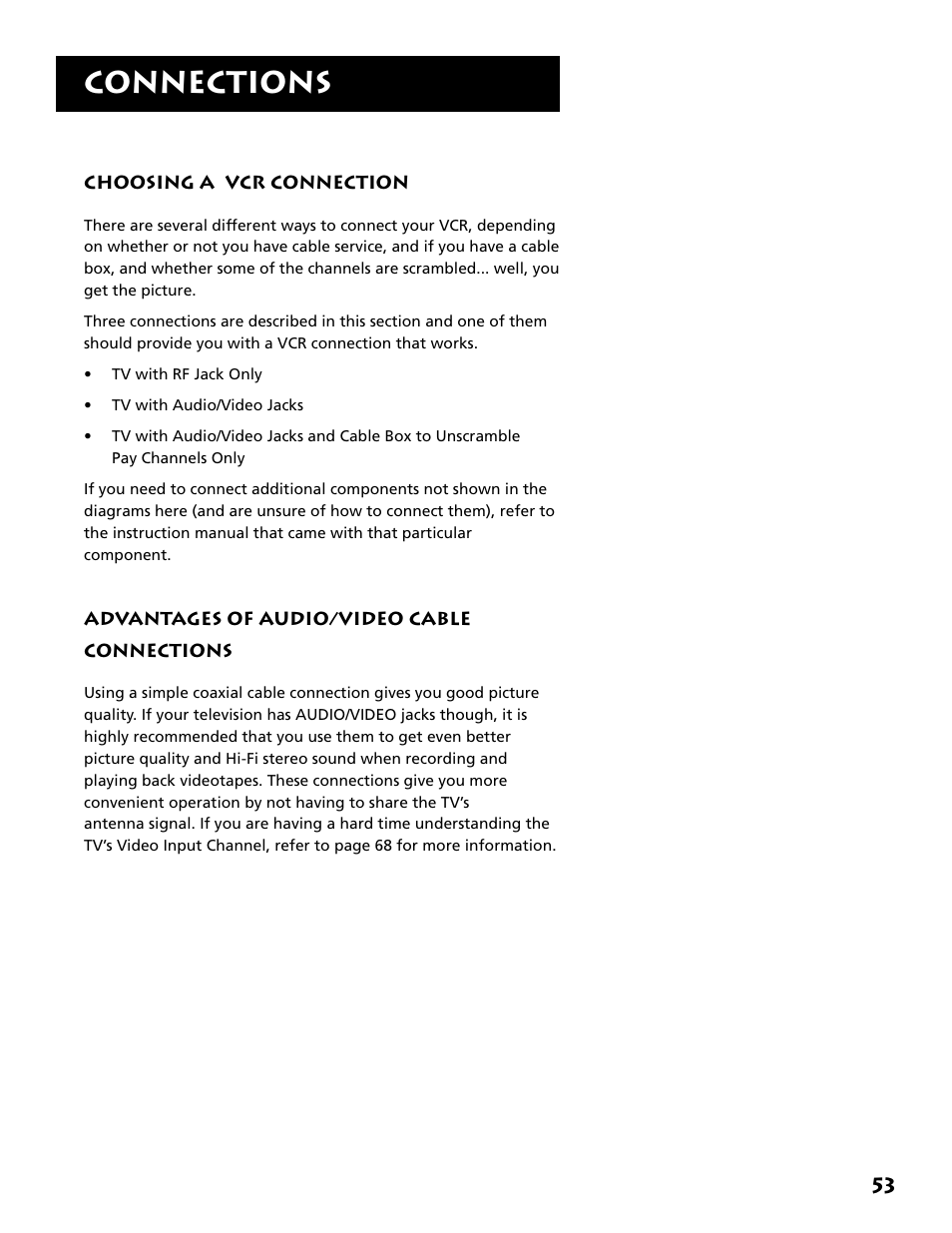 Choosing a vcr connection, Advantages of a/v cable connections, Connections | RCA VR646HF User Manual | Page 55 / 76