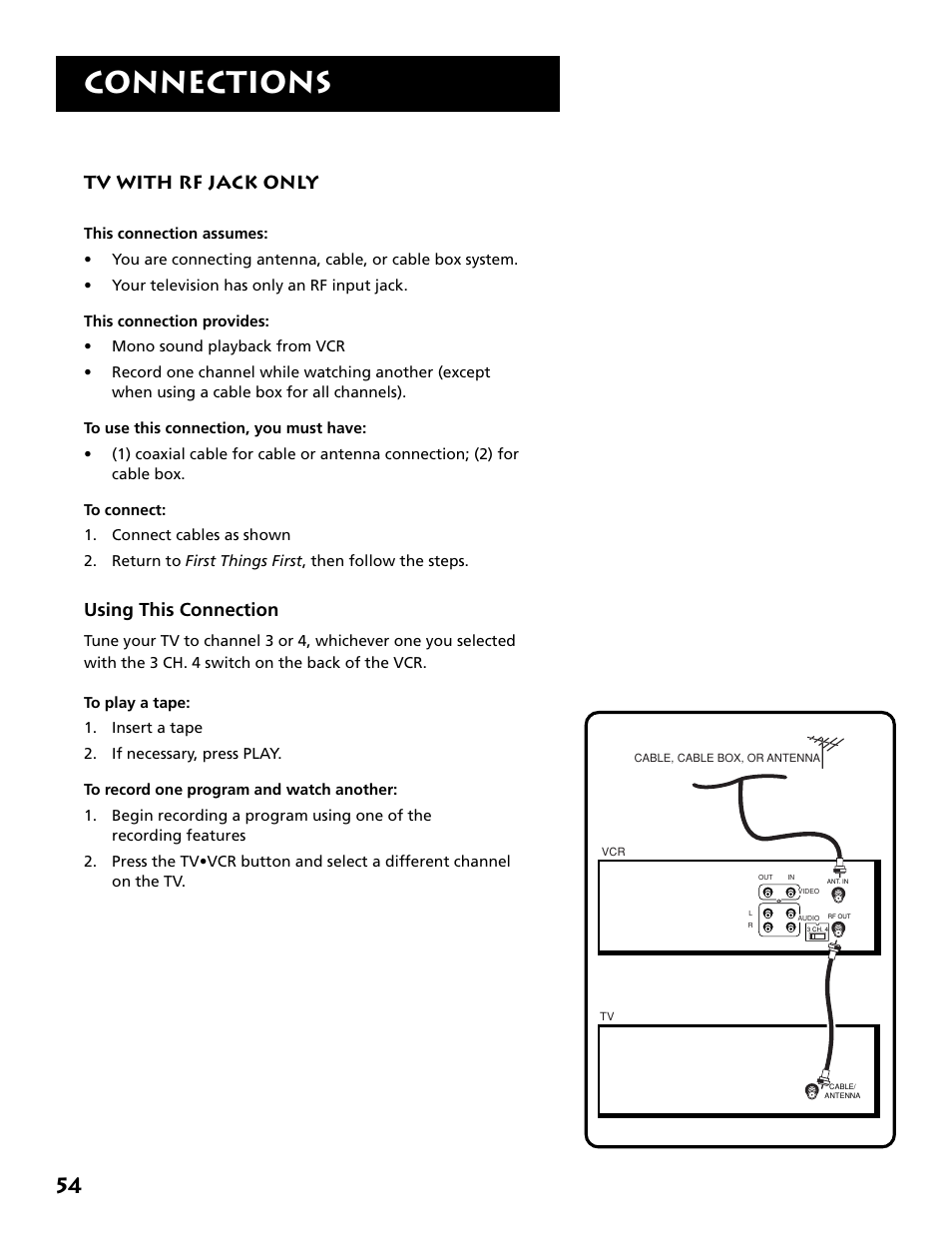 Tv with rf jack only, Connections, Using this connection | RCA VR646HF User Manual | Page 56 / 76