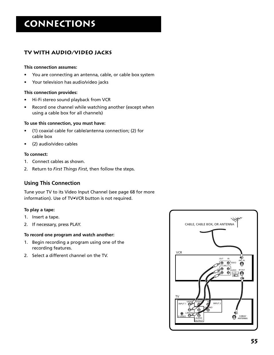 Tv with a/v jacks, Connections, Tv with audio/video jacks | Using this connection | RCA VR646HF User Manual | Page 57 / 76