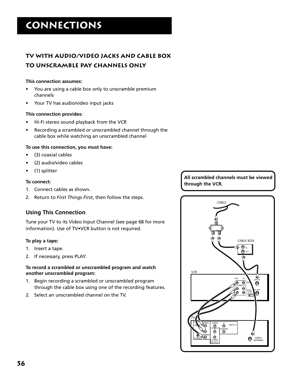 Tv with a/v jacks and cable box, To unscramble pay channels only, Connections | Using this connection | RCA VR646HF User Manual | Page 58 / 76