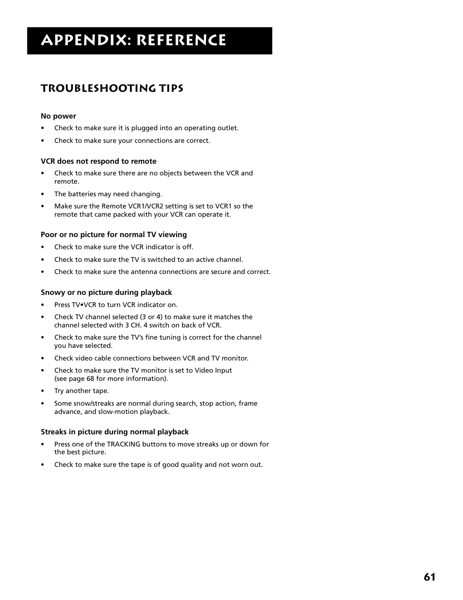 Troubleshooting tips, Appendix: reference | RCA VR646HF User Manual | Page 63 / 76