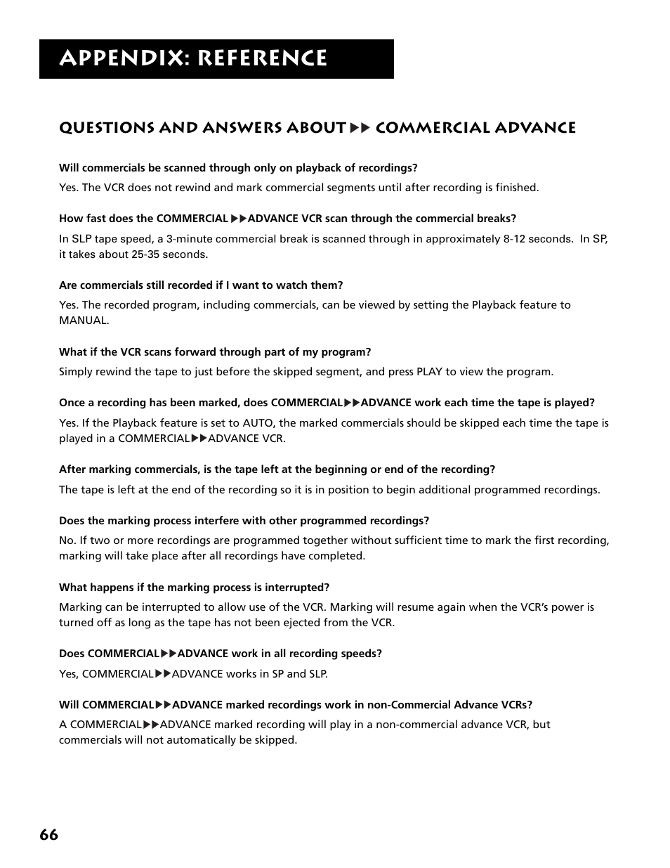 Questions and answers about commercial advance, Questions and answers about, Commercial advance | Appendix: reference | RCA VR646HF User Manual | Page 68 / 76