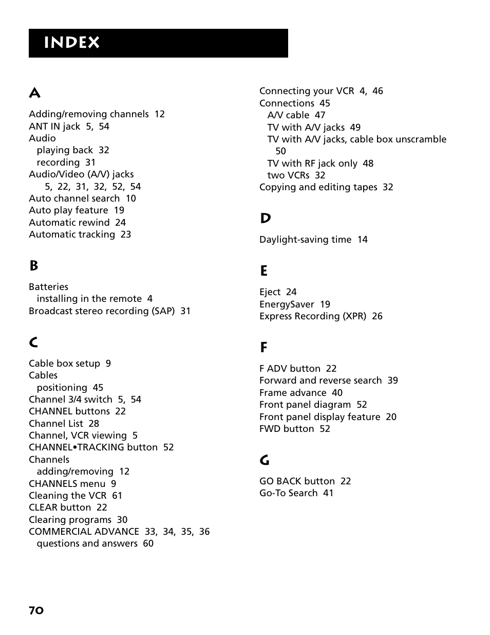 Index, Appendix: reference index | RCA VR646HF User Manual | Page 72 / 76