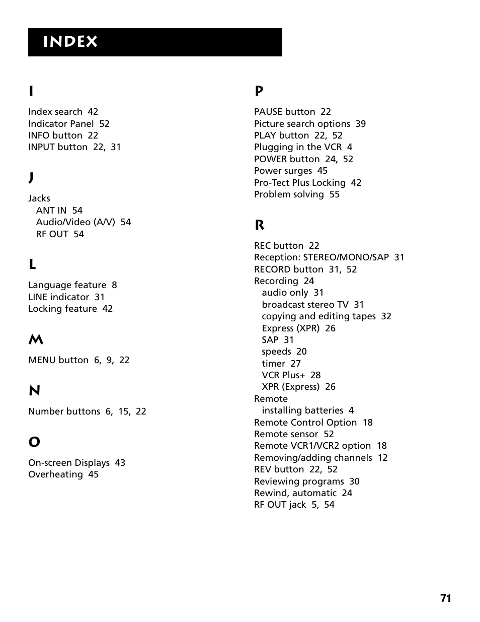 Index | RCA VR646HF User Manual | Page 73 / 76