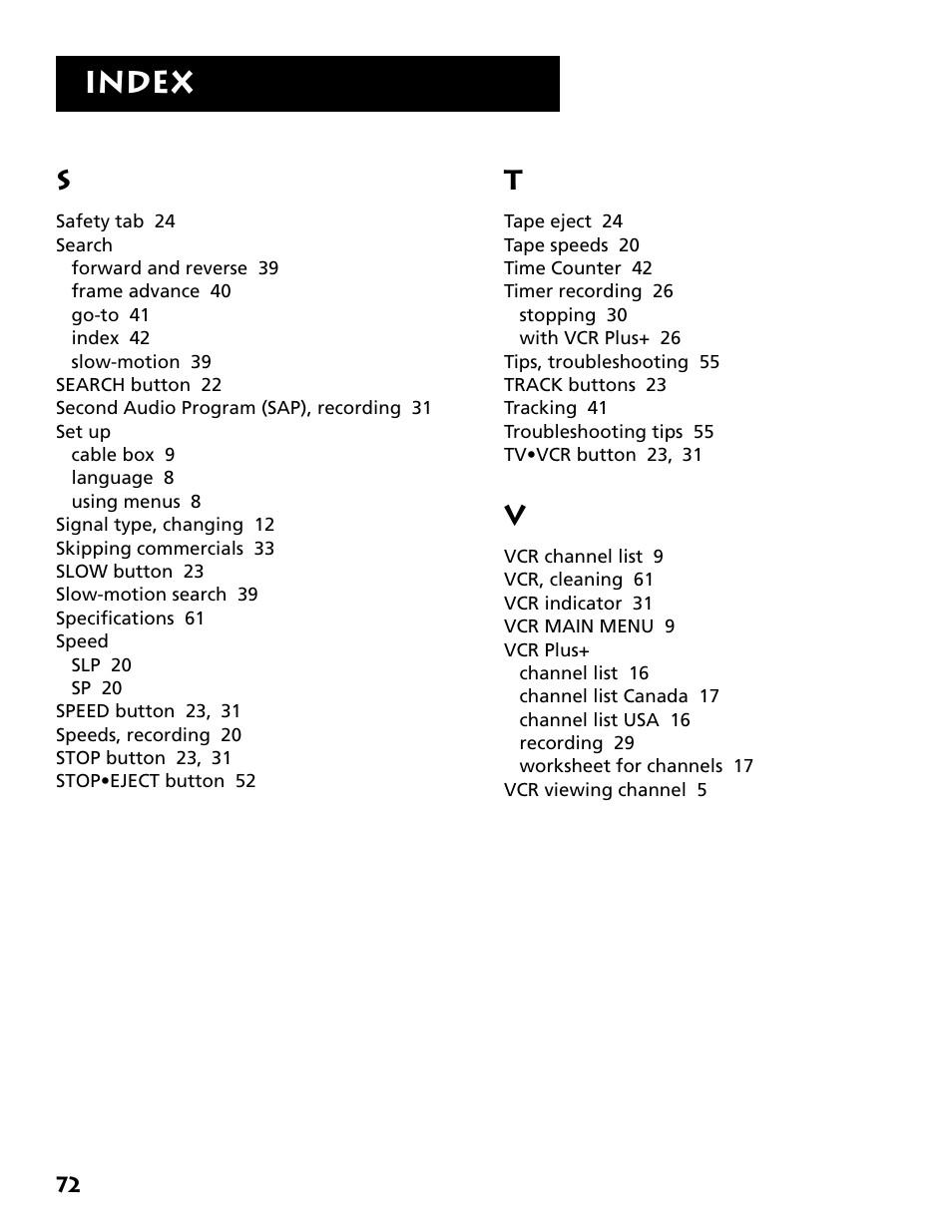 Index | RCA VR646HF User Manual | Page 74 / 76