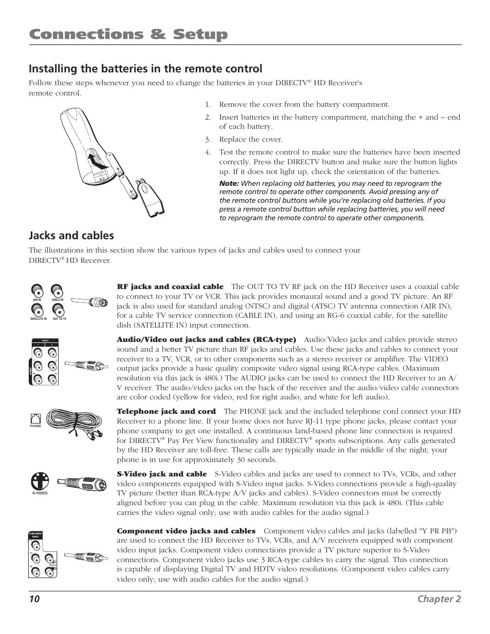 Installing the batteries in the remote control, Jacks and cables, 10 jacks and cables | Connections & setup, 10 chapter 2, Chapter 2 11 | RCA DTC210 User Manual | Page 12 / 80