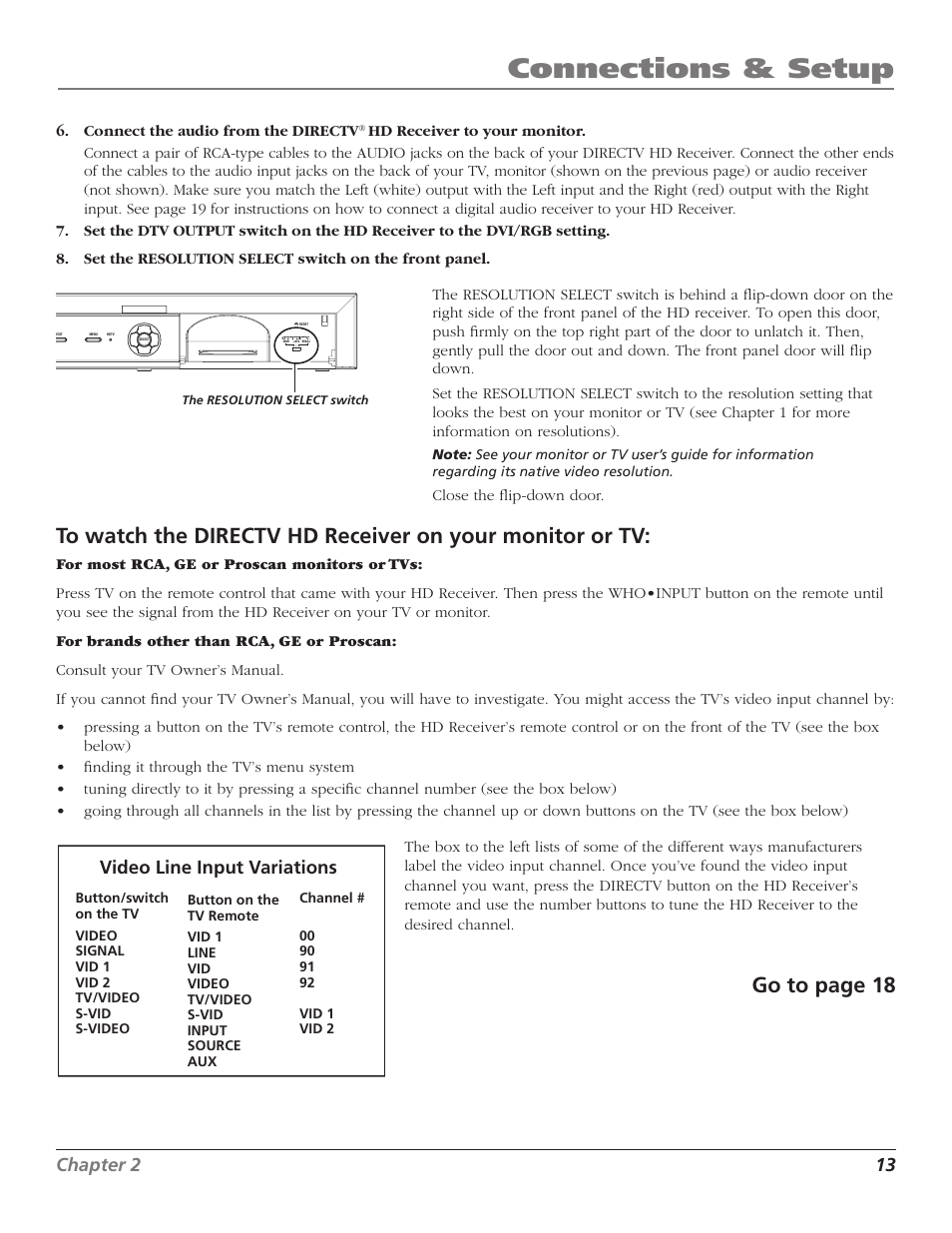 Connections & setup, Go to page 18, 12 chapter 2 | Chapter 2 13, Video line input variations | RCA DTC210 User Manual | Page 15 / 80