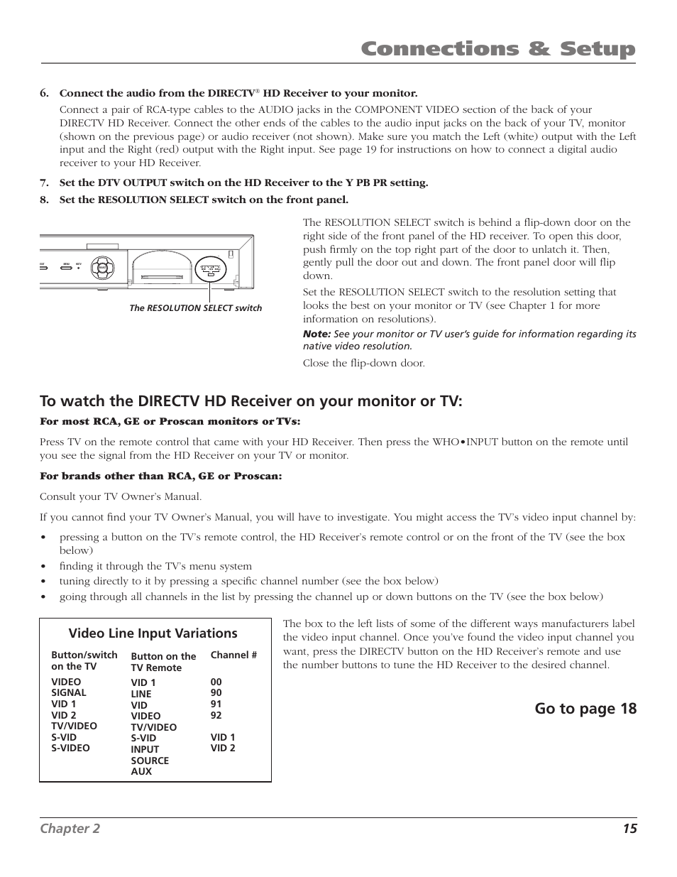 Connections & setup, Go to page 18, 14 chapter 2 | Chapter 2 15, Video line input variations | RCA DTC210 User Manual | Page 17 / 80