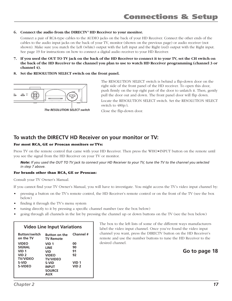 Connections & setup, Go to page 18, 16 chapter 2 | Chapter 2 17, Video line input variations | RCA DTC210 User Manual | Page 19 / 80