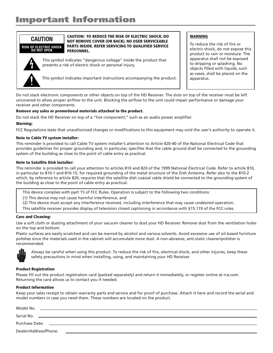 Important information, Caution | RCA DTC210 User Manual | Page 2 / 80
