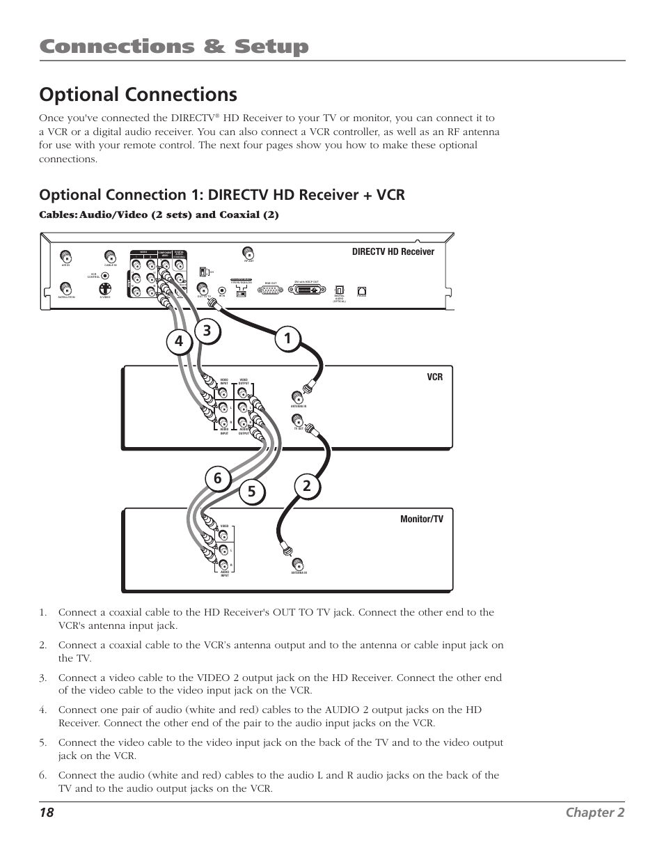 Optional connections, Connections & setup, Optional connection 1: directv hd receiver + vcr | 18 chapter 2, Chapter 2 19, Once you've connected the directv, Cables: audio/video (2 sets) and coaxial (2), Directv hd receiver | RCA DTC210 User Manual | Page 20 / 80