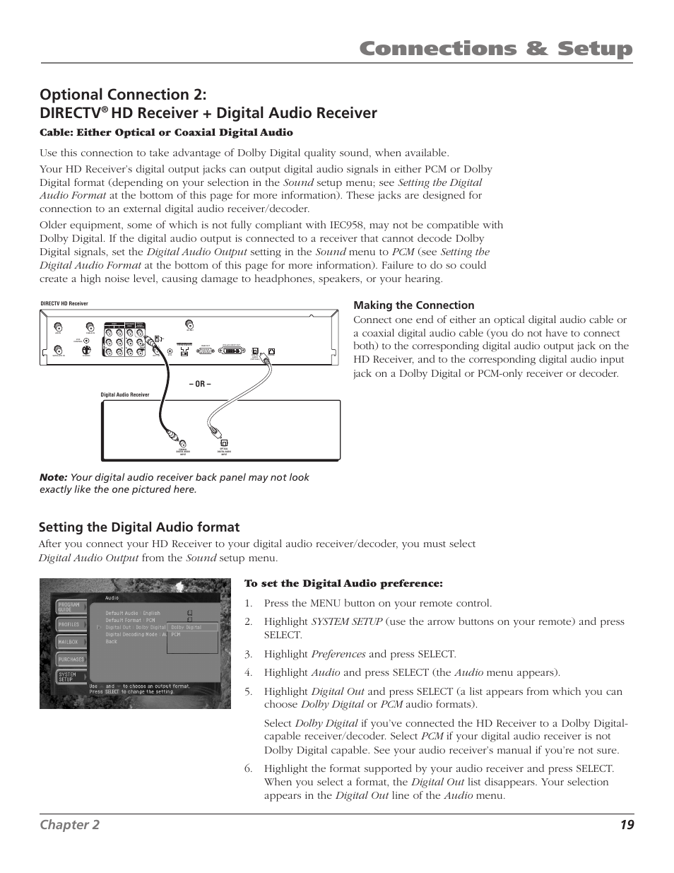 Connections & setup, Optional connection 2: directv, Hd receiver + digital audio receiver | 18 chapter 2, Chapter 2 19, Setting the digital audio format | RCA DTC210 User Manual | Page 21 / 80