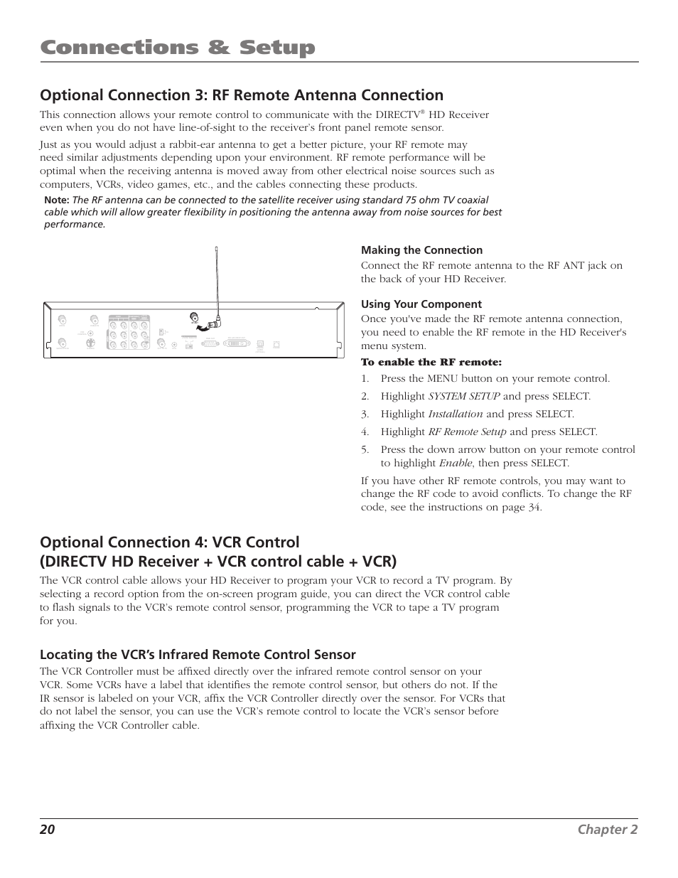 Connections & setup, 20 chapter 2, Chapter 2 21 | Locating the vcr’s infrared remote control sensor | RCA DTC210 User Manual | Page 22 / 80