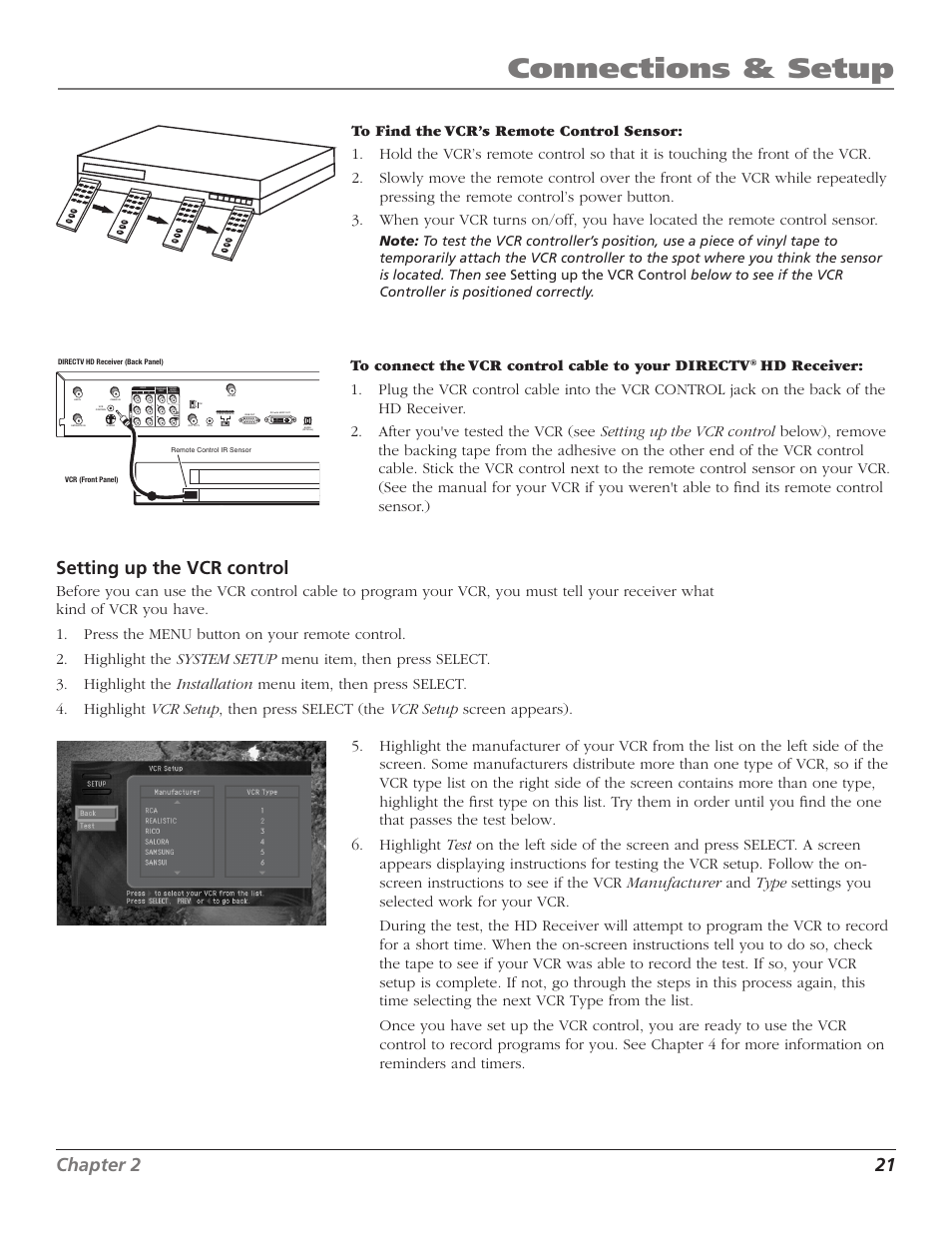 Connections & setup, 20 chapter 2, Chapter 2 21 | Setting up the vcr control | RCA DTC210 User Manual | Page 23 / 80
