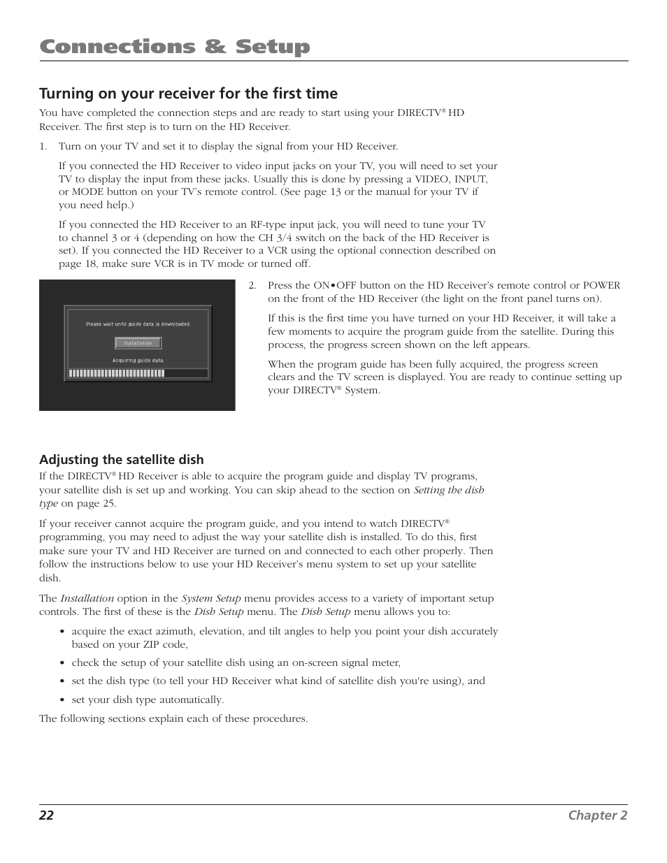 Turning on your receiver for the first time, Connections & setup | RCA DTC210 User Manual | Page 24 / 80