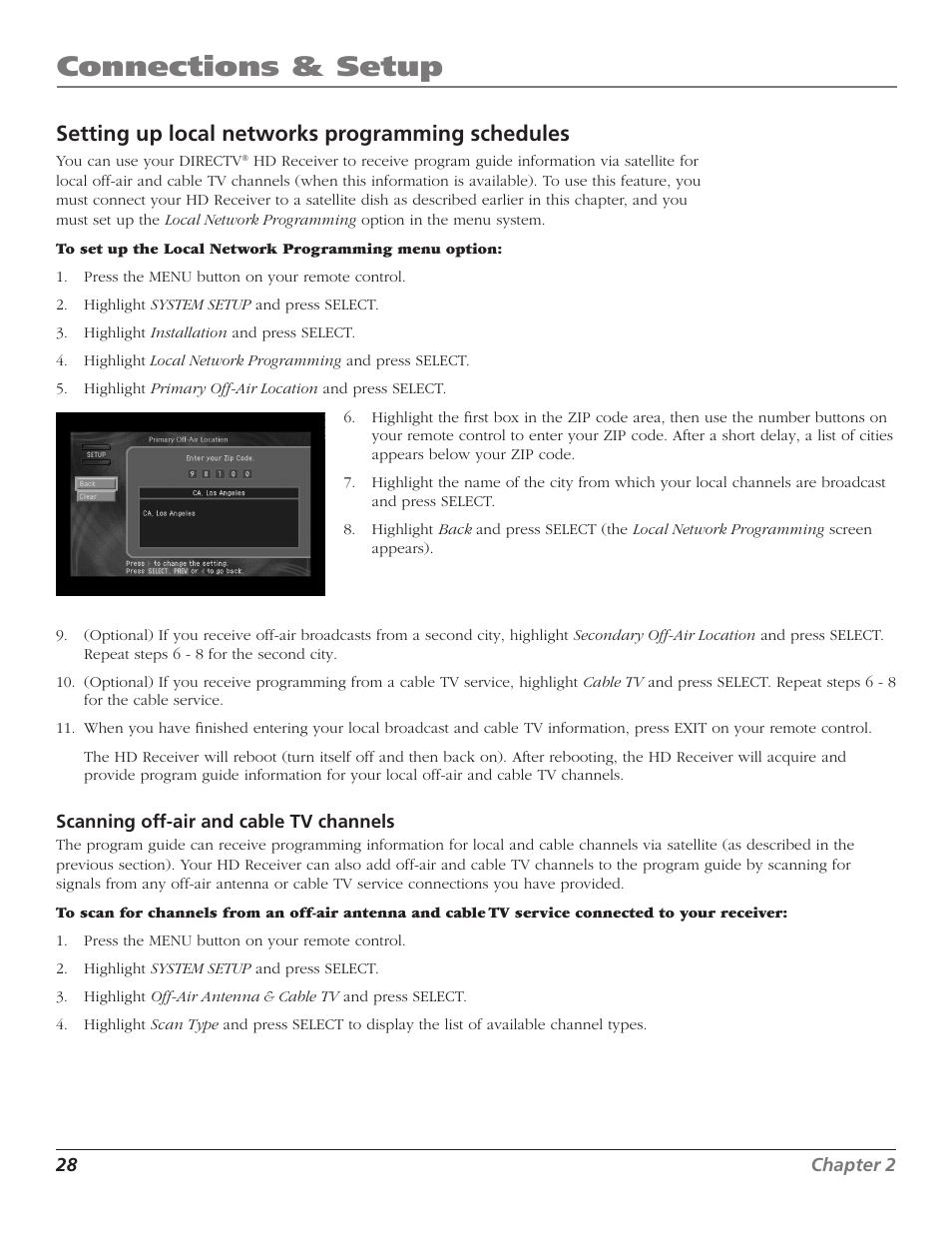 Setting up local networks programming schedules, Connections & setup | RCA DTC210 User Manual | Page 30 / 80