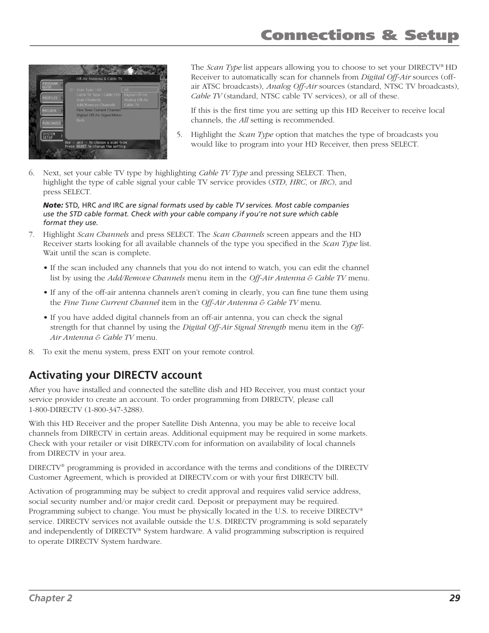 Activating your directv account, Connections & setup | RCA DTC210 User Manual | Page 31 / 80