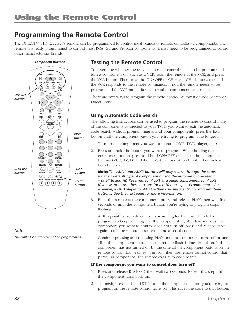 Programming the remote control, Using the remote control, Testing the remote control | 32 chapter 3, Chapter 3 33, Using automatic code search, The directv | RCA DTC210 User Manual | Page 34 / 80