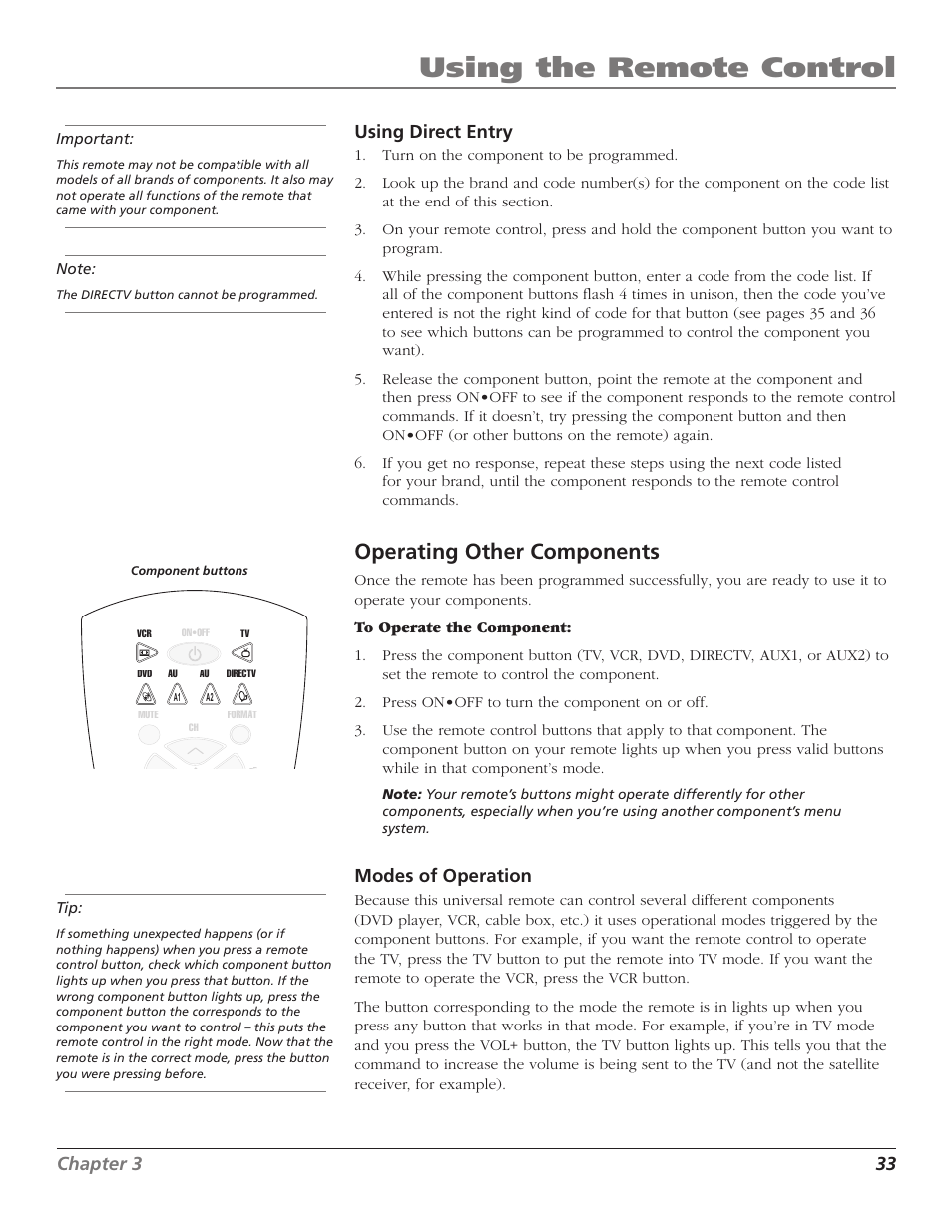 Using the remote control, Operating other components, 32 chapter 3 | Chapter 3 33, Using direct entry, Modes of operation | RCA DTC210 User Manual | Page 35 / 80