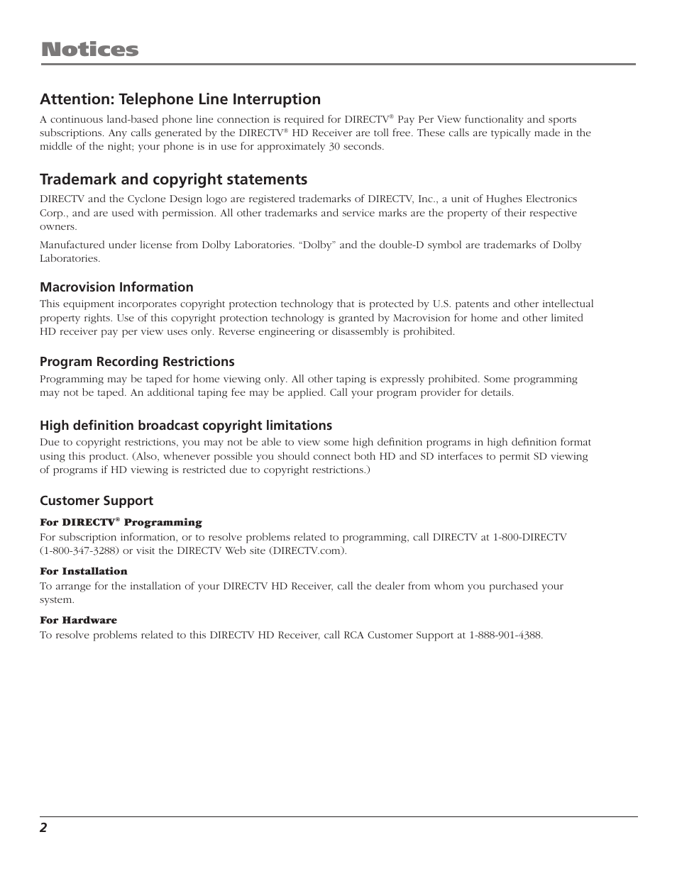 Notices, Attention: telephone line interruption, Trademark and copyright statements | RCA DTC210 User Manual | Page 4 / 80