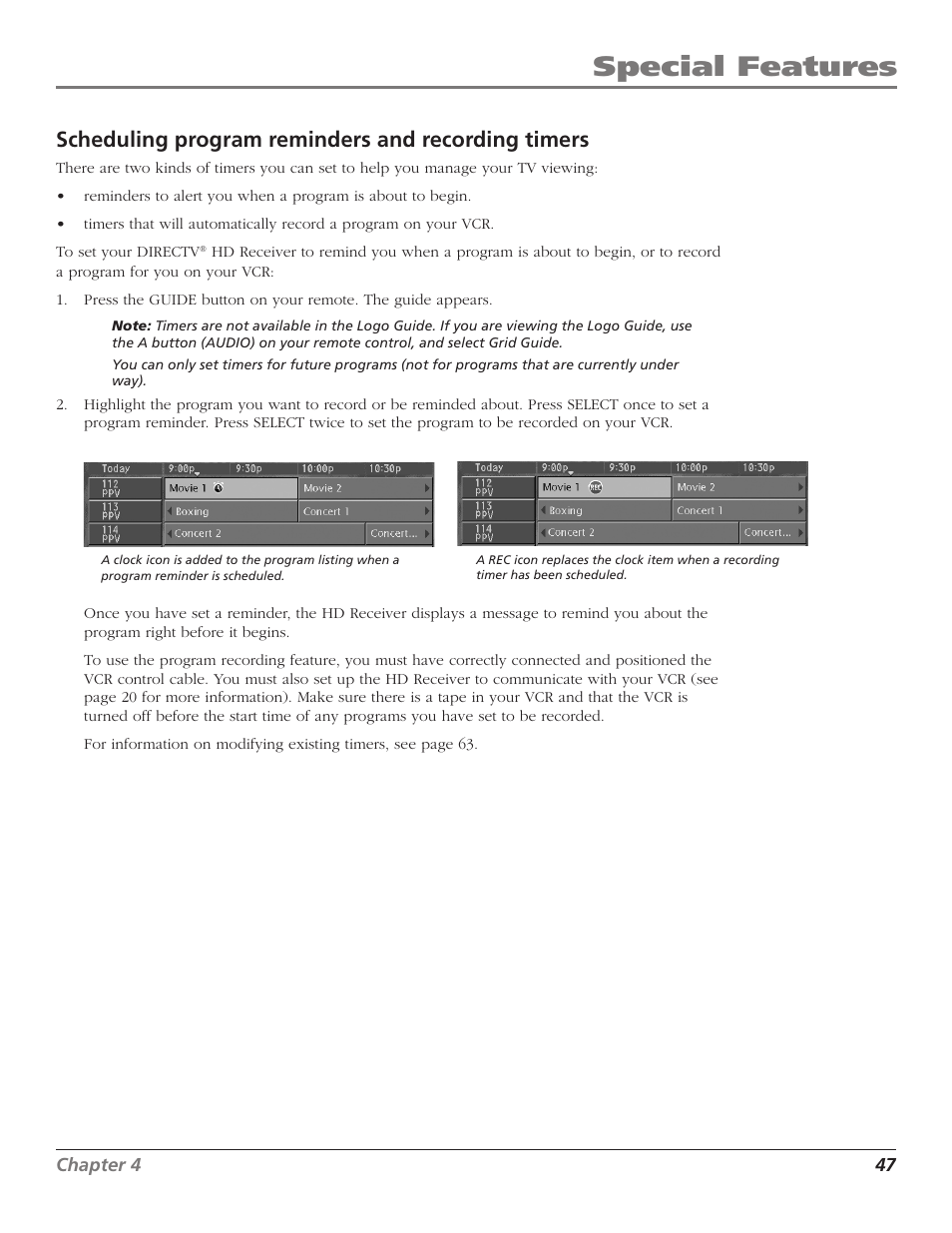 Scheduling program reminders and recording timers, Special features | RCA DTC210 User Manual | Page 49 / 80