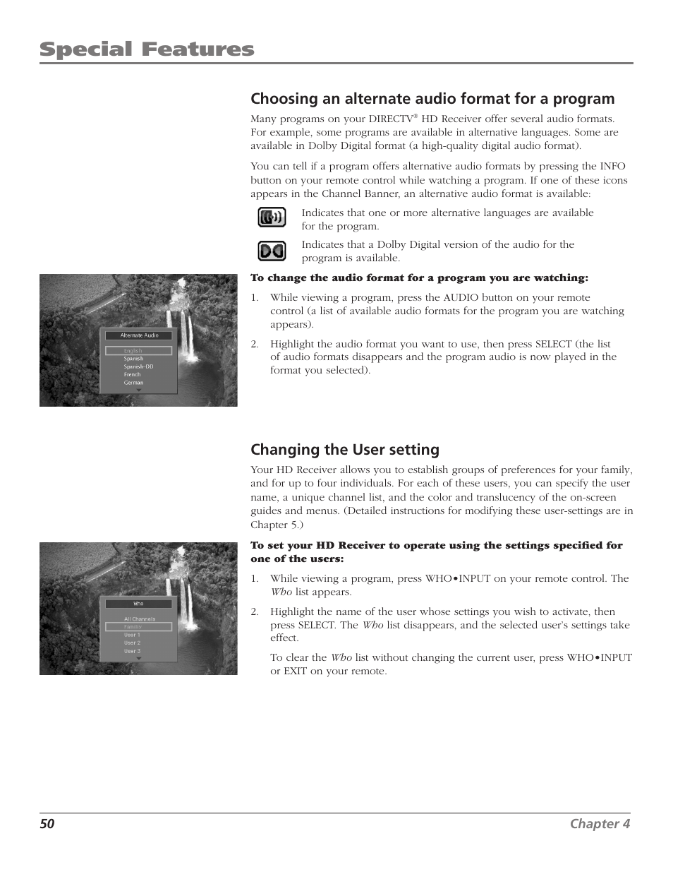 Choosing an alternate audio format for a program, Changing the user setting, 50 changing the user setting | Special features | RCA DTC210 User Manual | Page 52 / 80