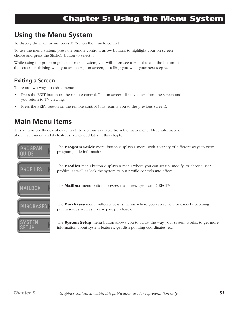 Using the menu system, Exiting a screen, Main menu items | RCA DTC210 User Manual | Page 53 / 80