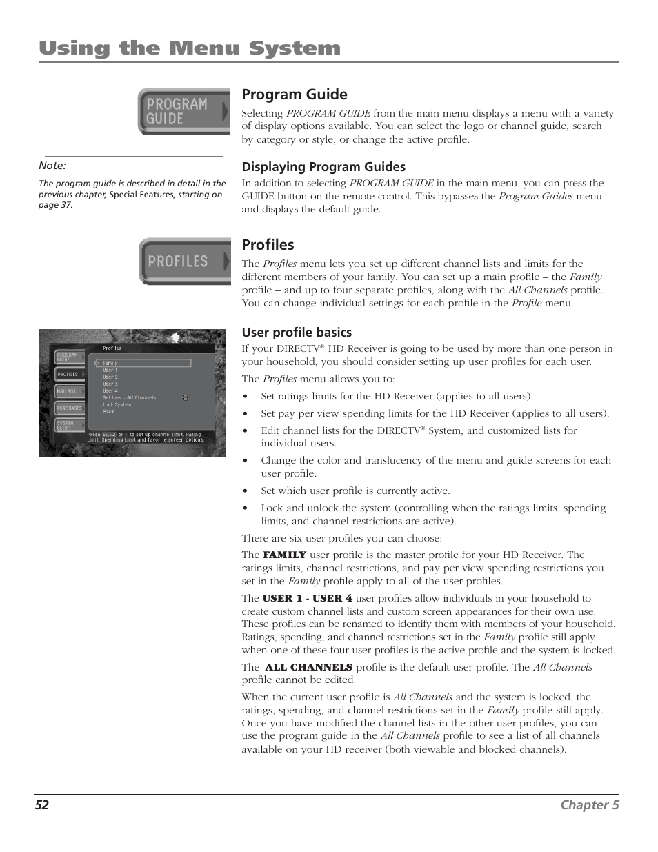 Program guide, Profiles, 52 profiles | Using the menu system | RCA DTC210 User Manual | Page 54 / 80