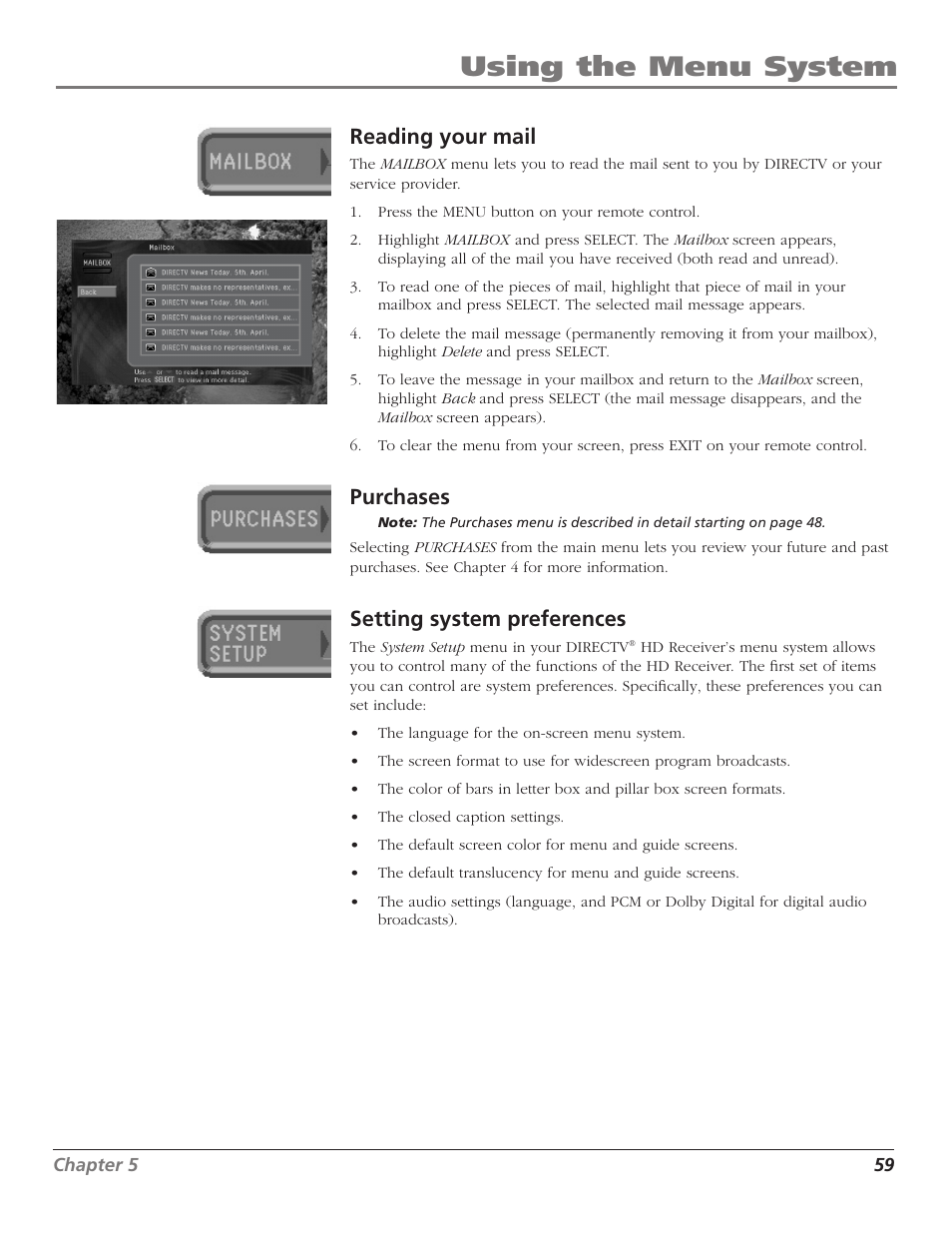 Reading your mail, Purchases, Setting system preferences | 59 purchases, 59 setting system preferences, Using the menu system | RCA DTC210 User Manual | Page 61 / 80