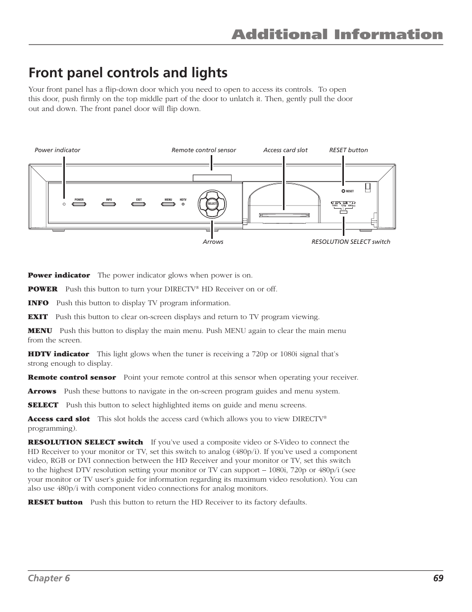 Front panel controls and lights, Additional information, 68 chapter 6 | Chapter 6 69 | RCA DTC210 User Manual | Page 71 / 80