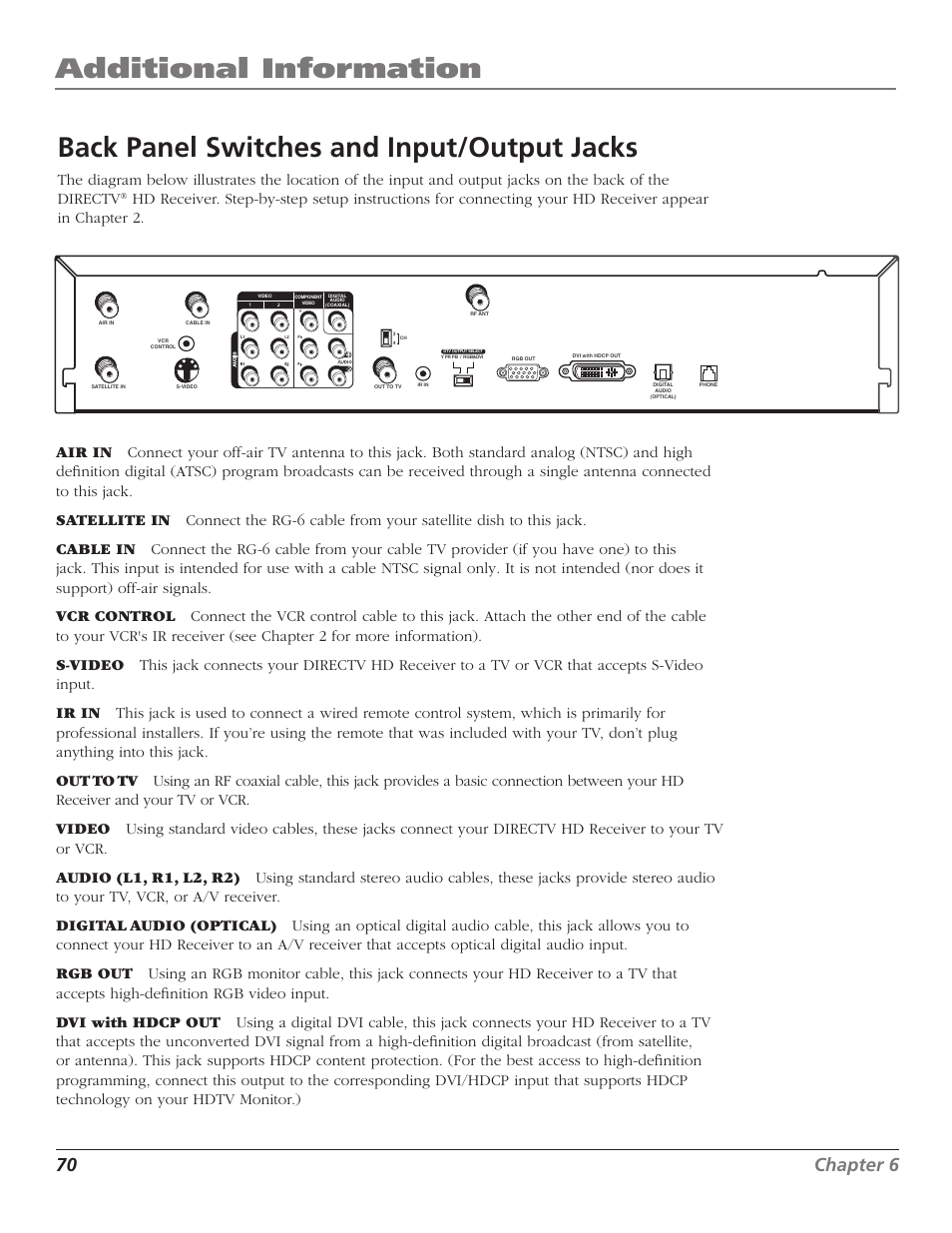 Back panel switches and input/output jacks, Additional information, 70 chapter 6 | Chapter 6 71 | RCA DTC210 User Manual | Page 72 / 80