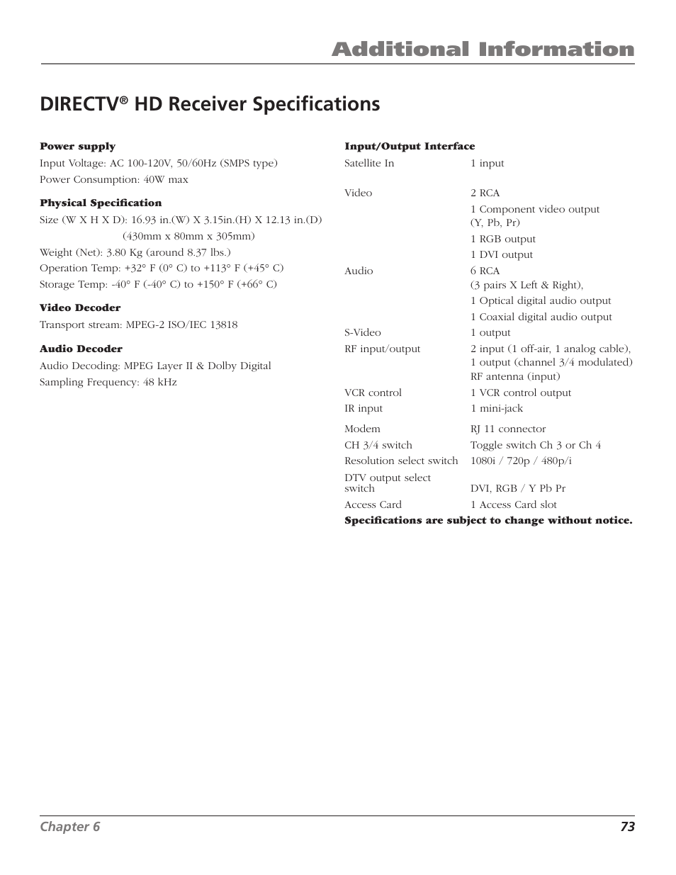 Directv® hd receiver specifications, Directv hd receiver specifications, Additional information | Directv, Hd receiver specifications | RCA DTC210 User Manual | Page 75 / 80