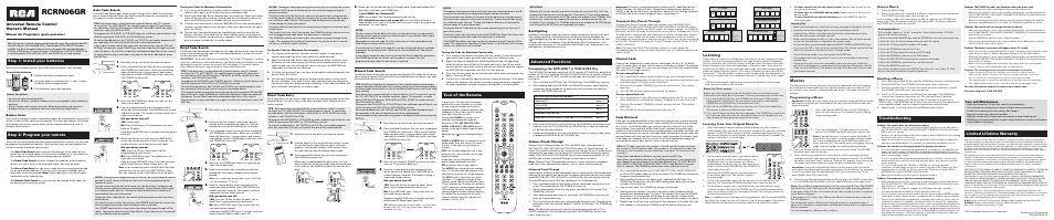 Rcrn06gr, Universal remote control owner’s manual, Learning | Macros, Battery saver, Manual del propietario (parte posterior), Care and maintenance, Auto code search, Brand code search, Direct code entry | RCA RCRN06GR User Manual | Page 2 / 2