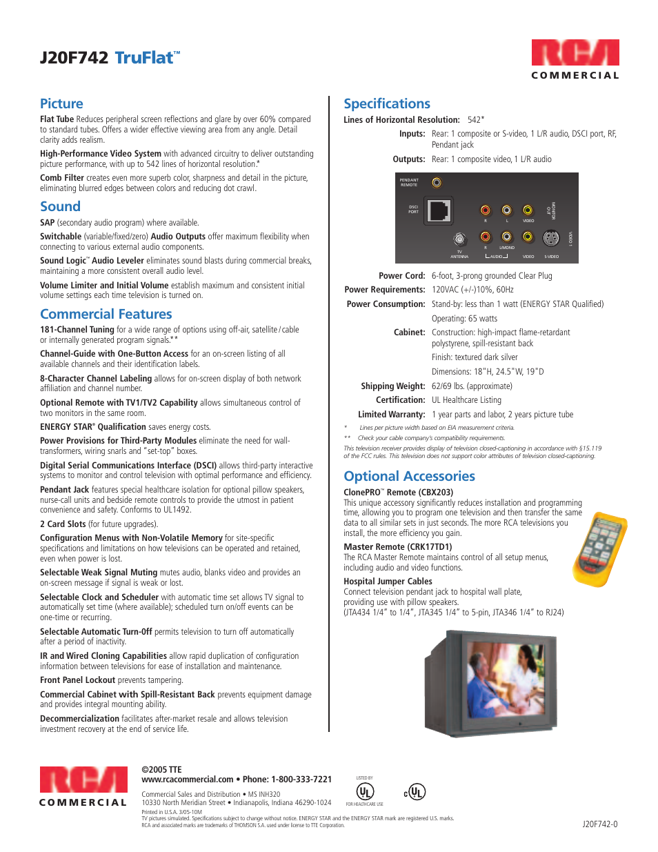 Picture, Sound, Commercial features | Specifications, Optional accessories | RCA TruFlat J20F742 User Manual | Page 2 / 2