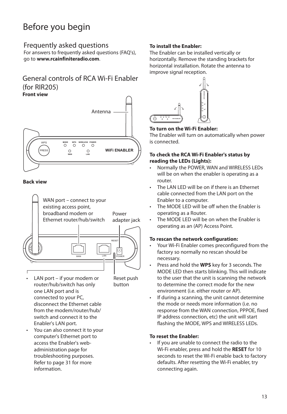 Frequently asked questions, General controls of rca wi-fi enabler (for rir205), Before you begin | Front view | RCA RIR205 User Manual | Page 13 / 36