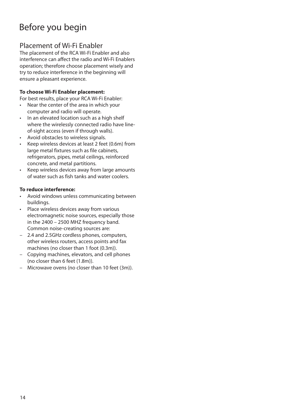 Placement of wi-fi enabler, Before you begin | RCA RIR205 User Manual | Page 14 / 36