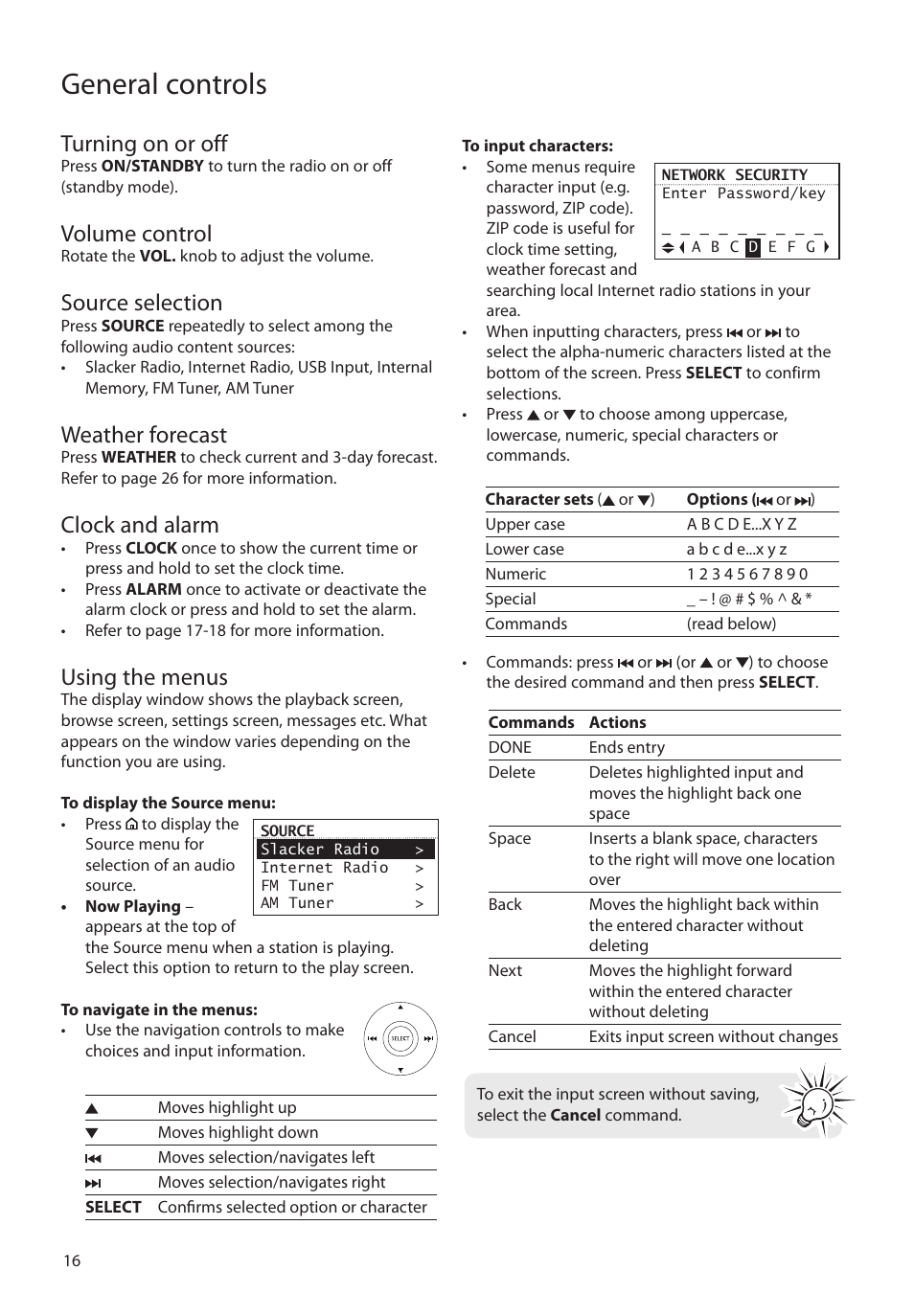 Turning on or off, Volume control, Source selection | Weather forecast, Clock and alarm, Using the menus, General controls | RCA RIR205 User Manual | Page 16 / 36