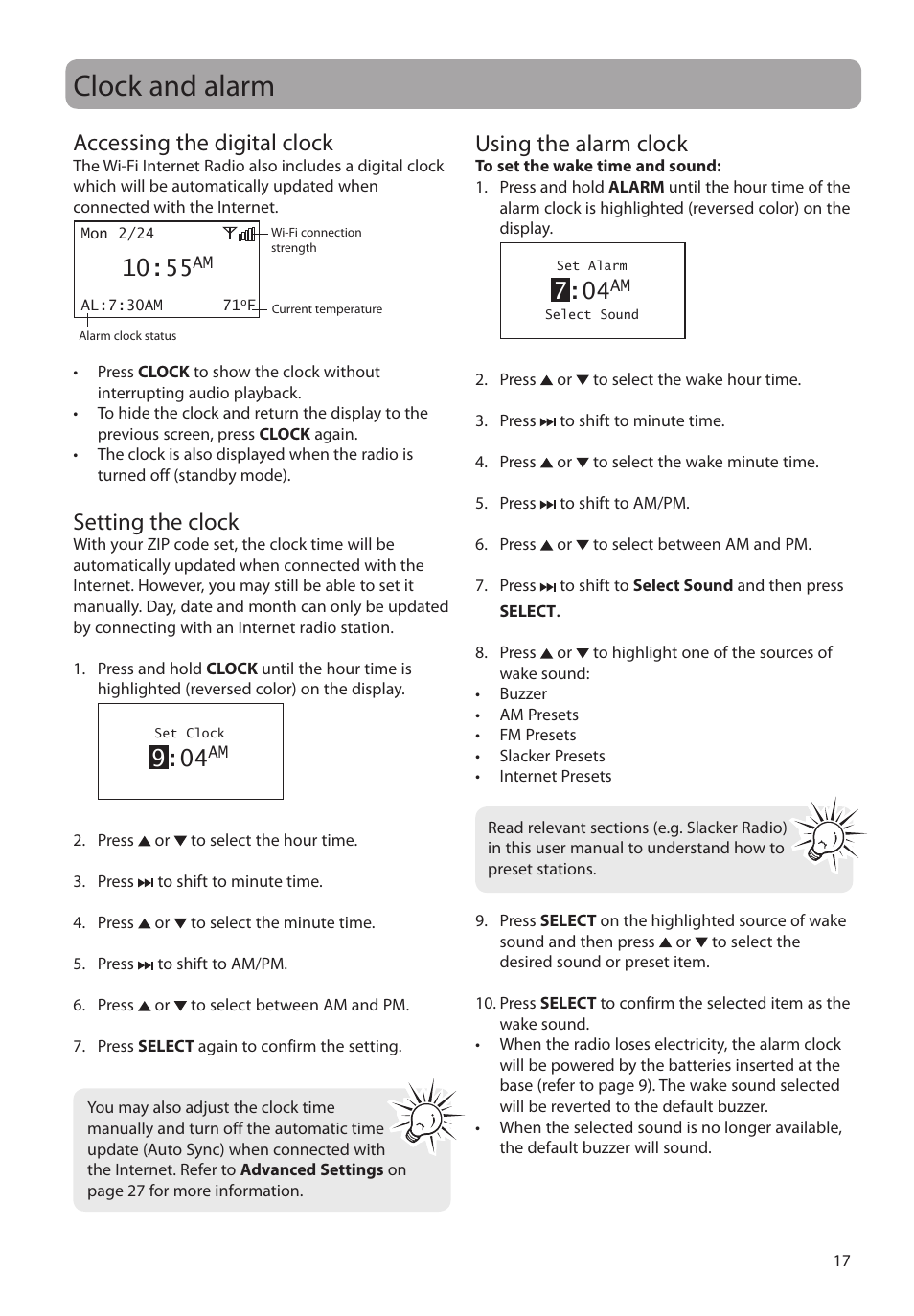Clock and alarm, Accessing the digital clock, Setting the clock | Using the alarm clock | RCA RIR205 User Manual | Page 17 / 36