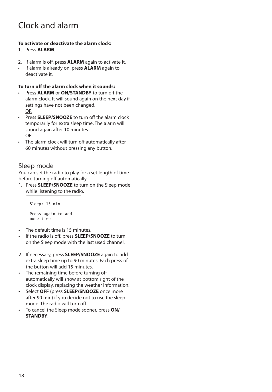 Sleep mode, Clock and alarm | RCA RIR205 User Manual | Page 18 / 36